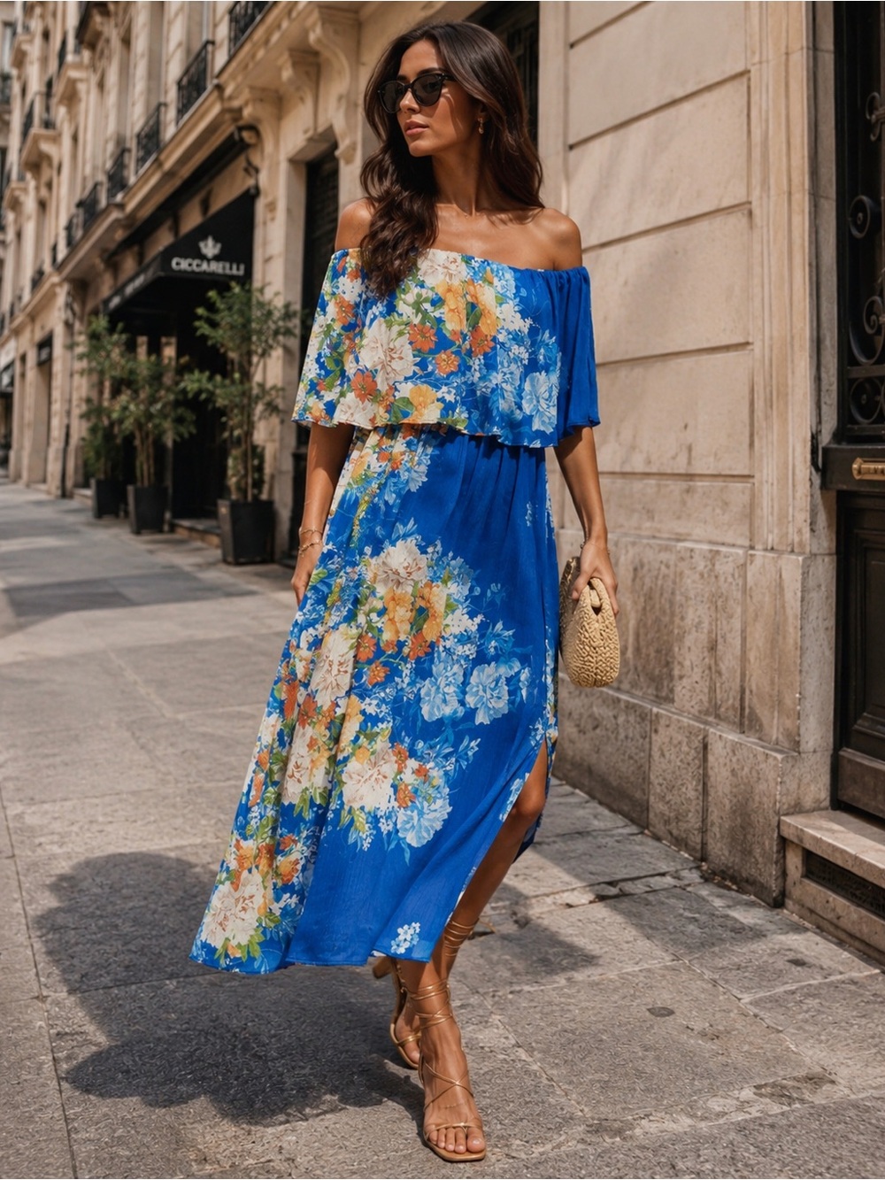 ZARA floral print dress with elastic neckline and cape like sleeves